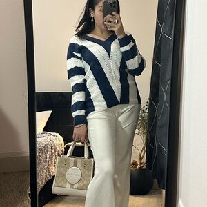 Navy & White Chevron Stripe Pointelle Knit V-Neck Sweater - Size S